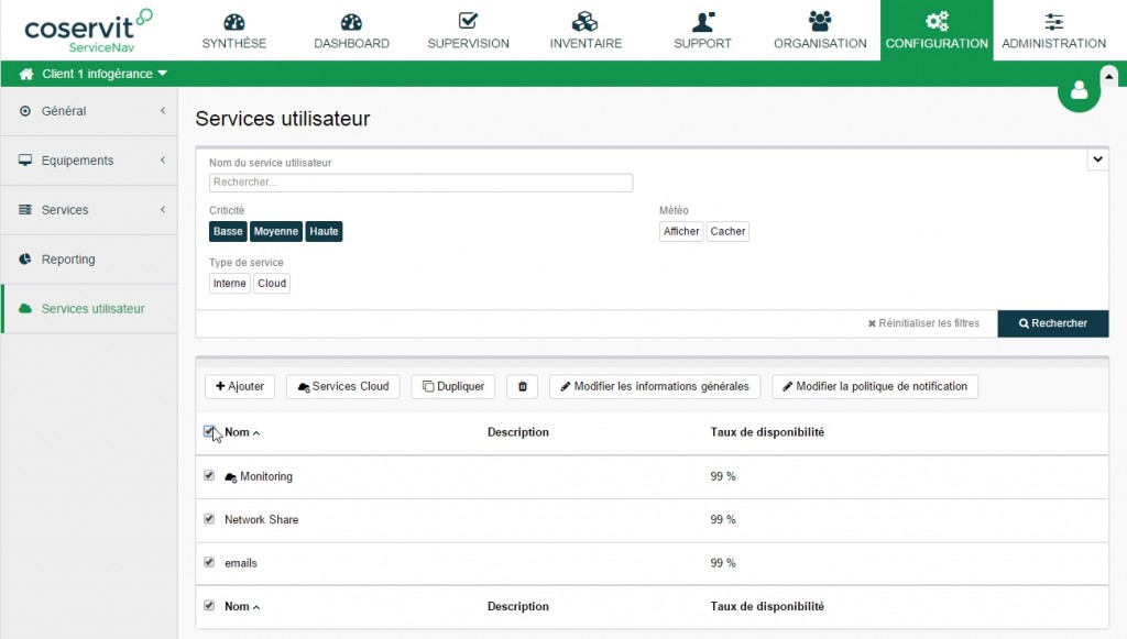 ServiceNav - Configuration - sélectionner tous les services utilisateurs
